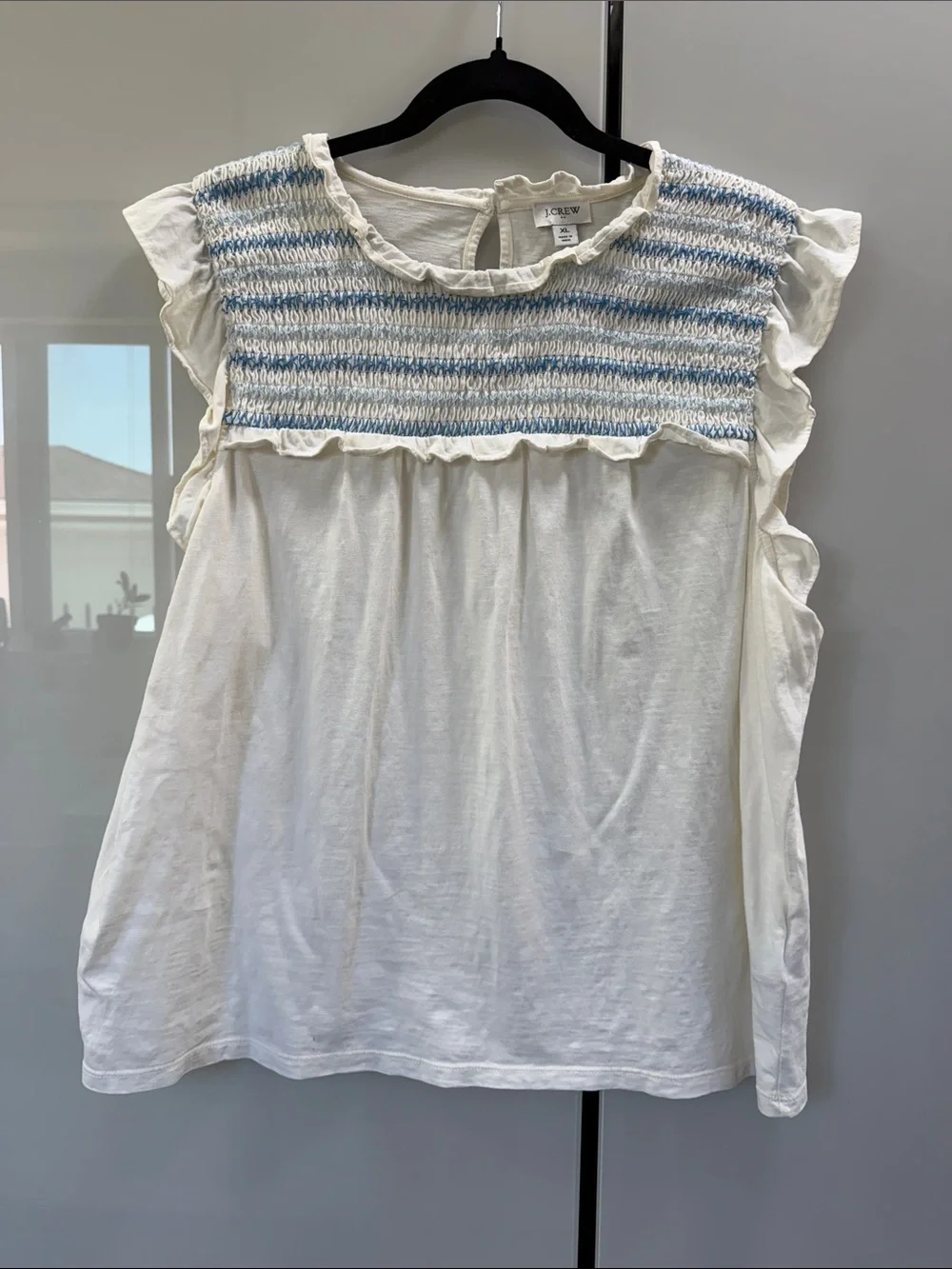 J. Crew Cream Top with Light Blue Smocked Yoke and Ruffle Sleeves
